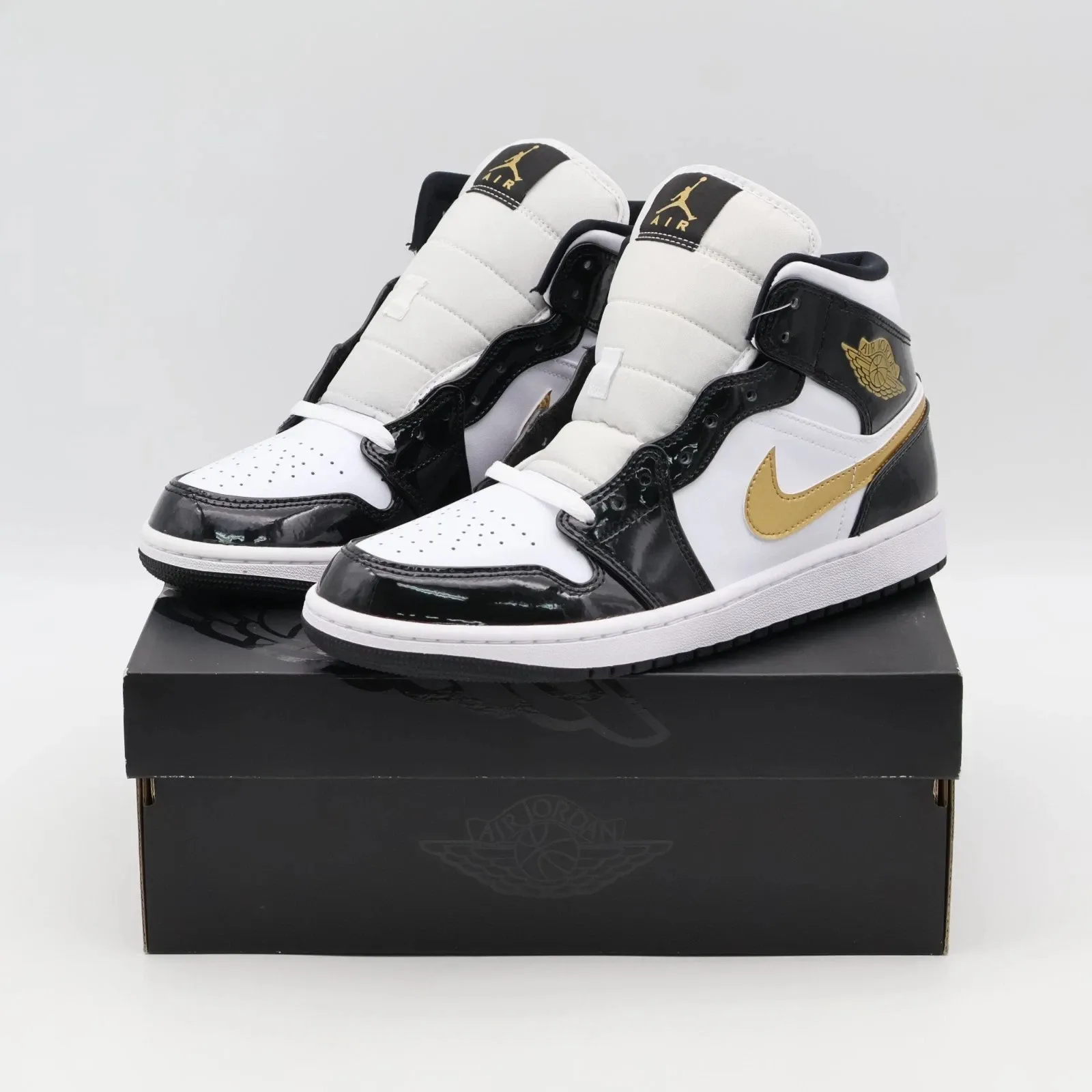 AJ 1 Mid Patent Black White Gold